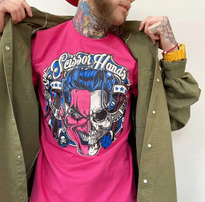 Limited edition pink oversized Scissor Hands T-shirt for men.