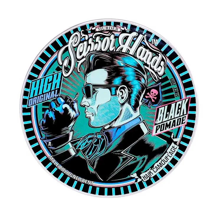 Murder matte black pomade by Scissor Hands for styling and darkening men's hair.
