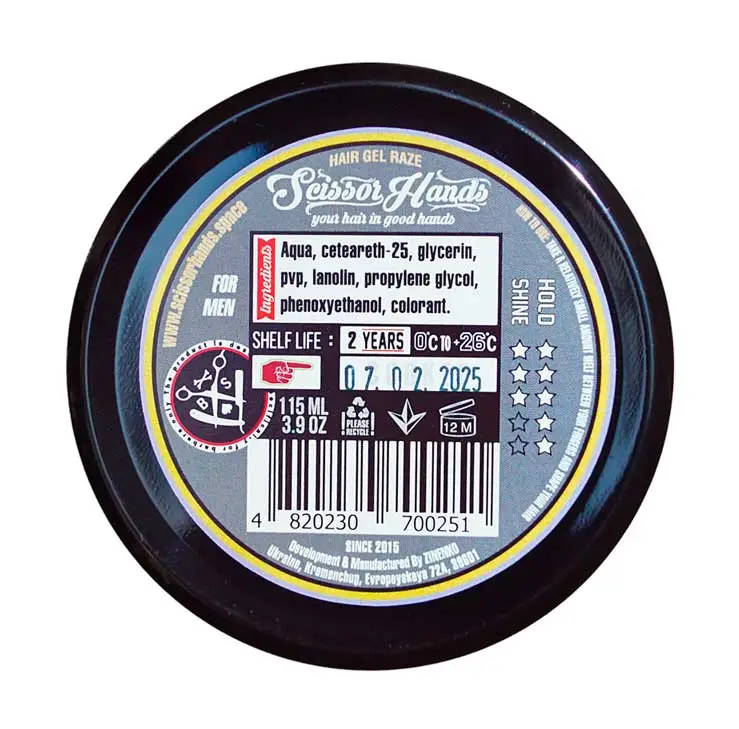 RAZE hair styling gel by Scissor Hands — ingredients, characteristics, and shelf life.