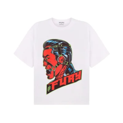 FURY WHITE oversized T-shirt with a bold graphic design.