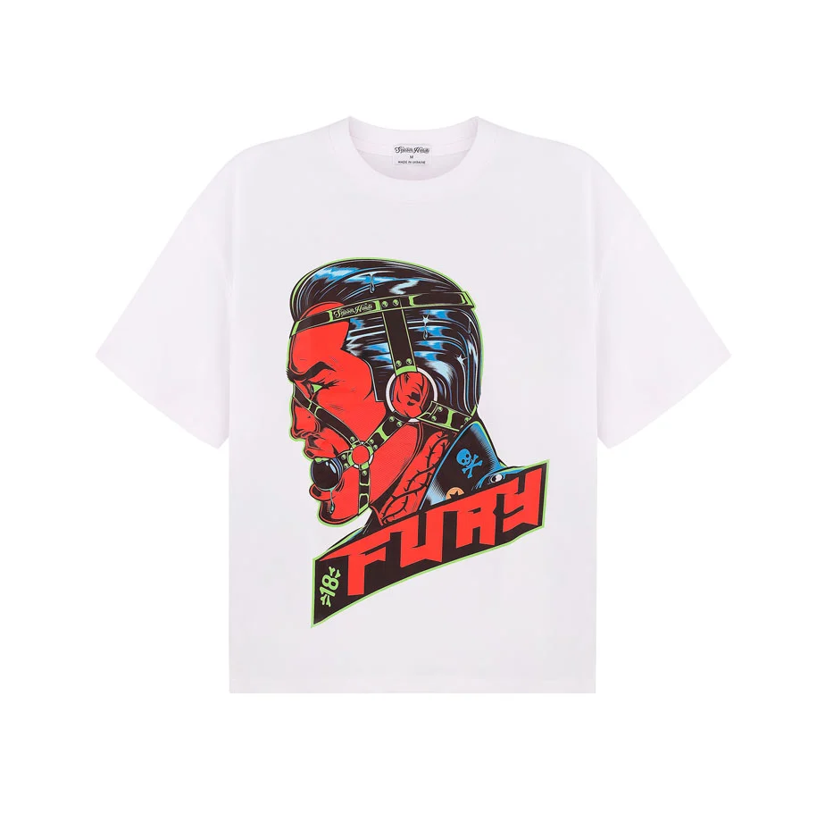 FURY WHITE oversized T-shirt with a bold graphic design.