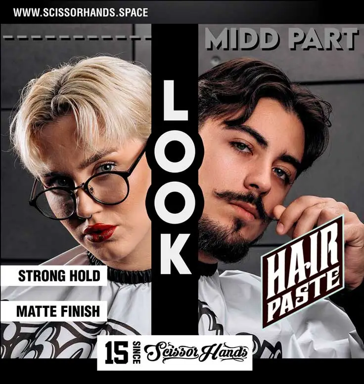 Прическа middle part (шторки) — универсальный стиль для мужчин и женщин, матовая текстура и сильная фиксация с средствами Scissor Hands.