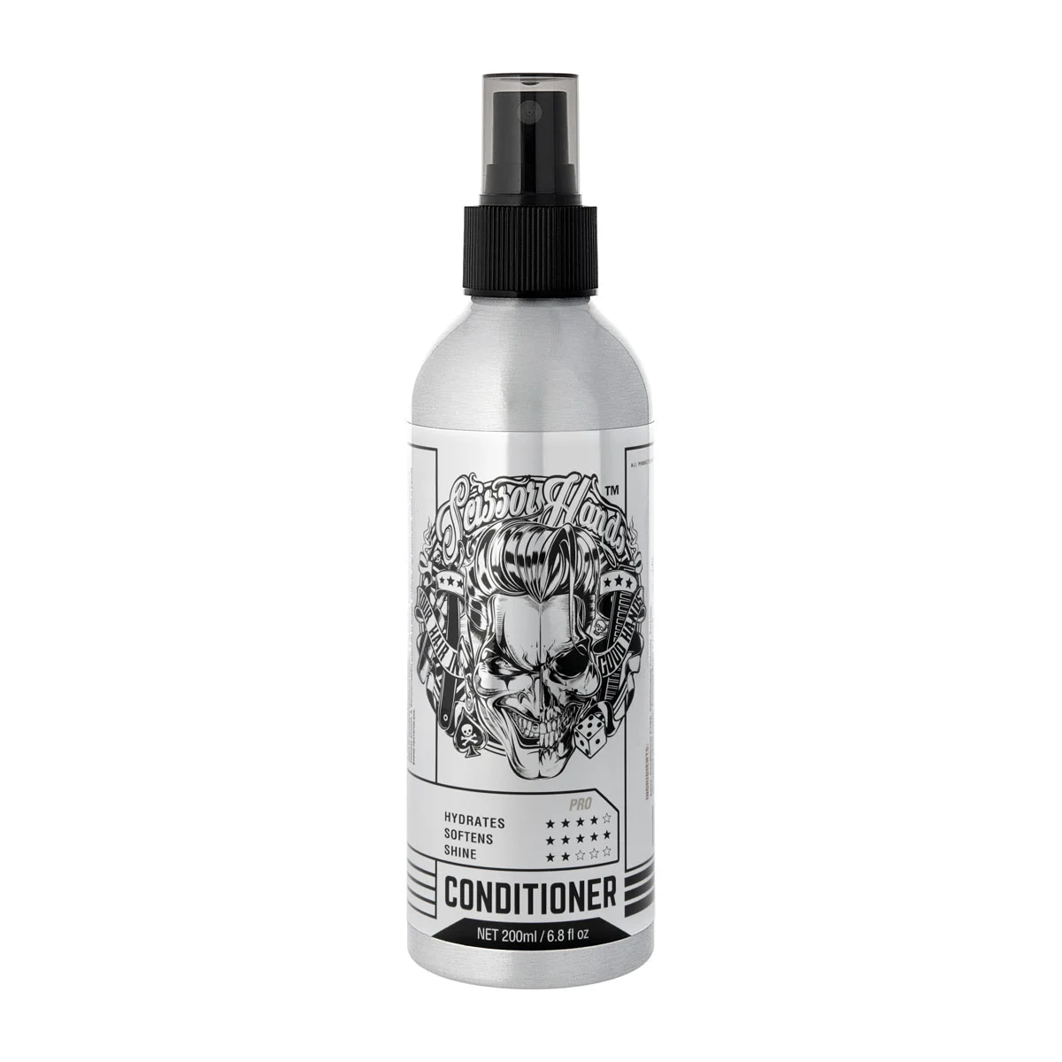 Leave-in spray conditioner for men’s hair styling by Scissor Hands.