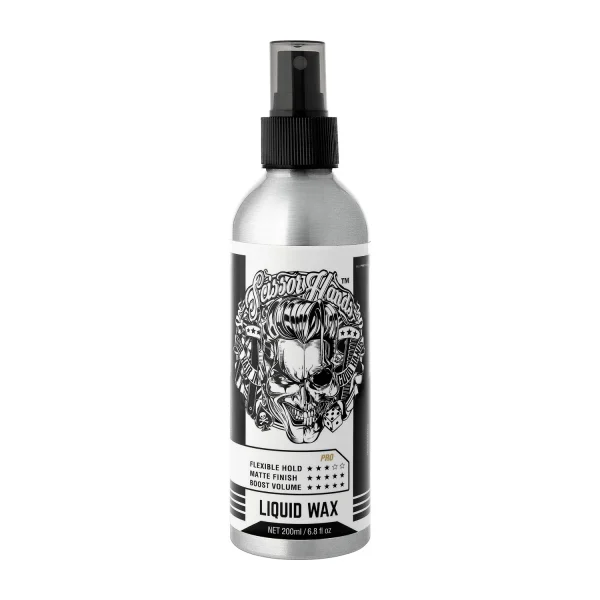 Liquid Wax — a texturizing spray for men’s hair by Scissor Hands that adds thickness, density, and noticeable volume to the hair.