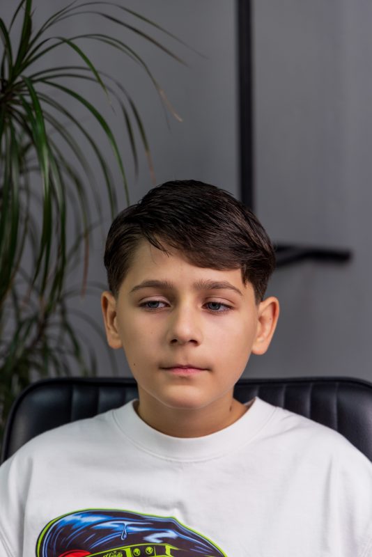Children’s haircut before styling, clean hair before applying Scissor Hands hair products